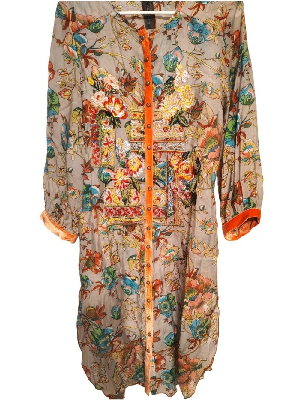 Aratta Silent Journey Small Flower Embroidered Dress Orange Velvet Trim, Boho